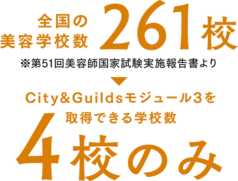 全国の美容学校数 261校 City&Guildsモジュール3を 取得できる学校数 4校のみ | トップスタイリスト科 | 美容専門学校は大村美容ファッション専門学校